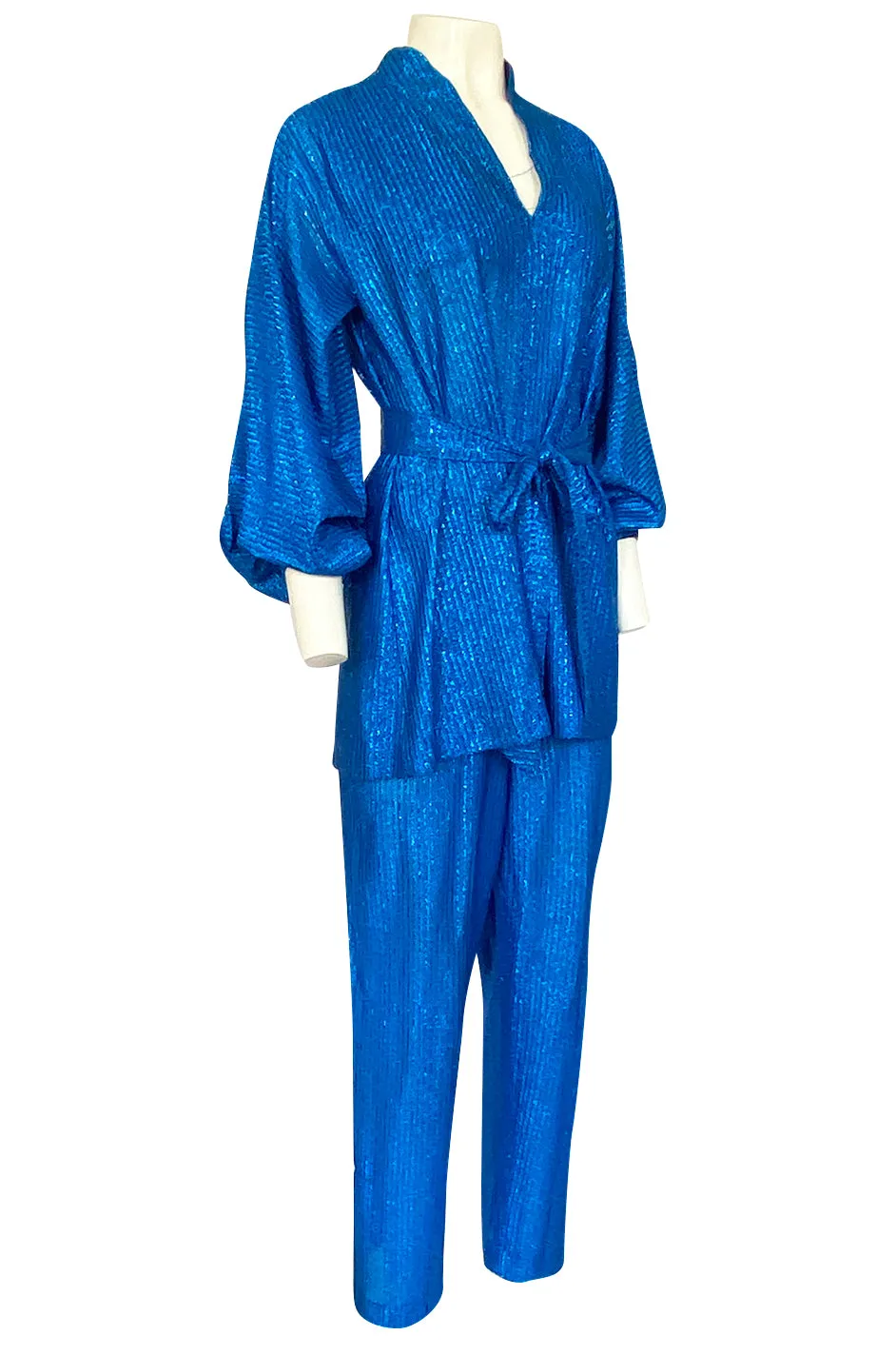 1970s Halston Bright Electric Blue Metallic Lame Lurex Top & Pant Set