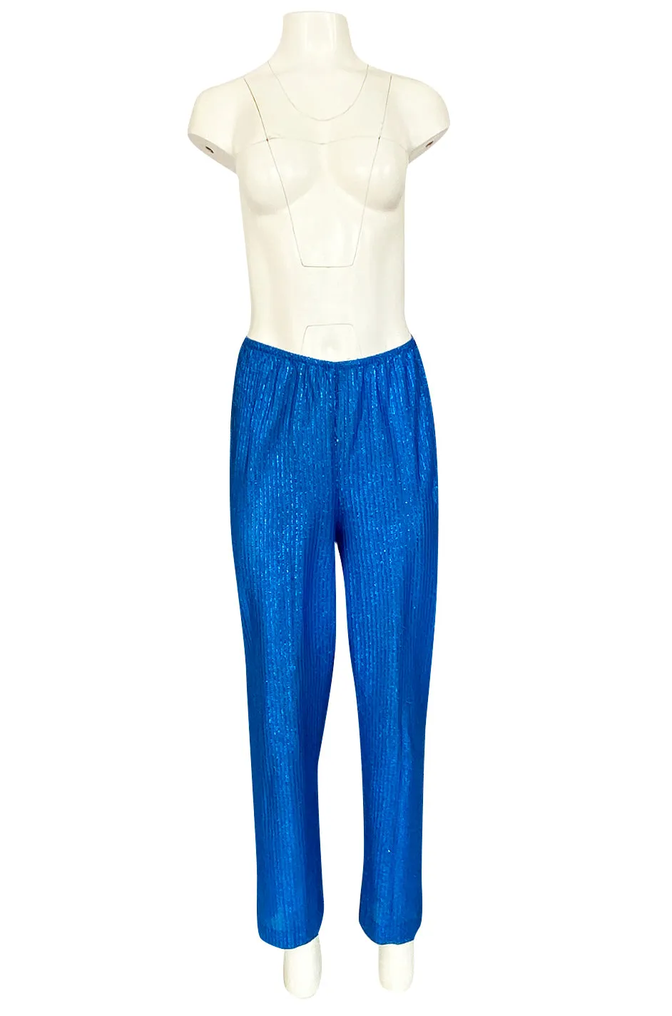 1970s Halston Bright Electric Blue Metallic Lame Lurex Top & Pant Set