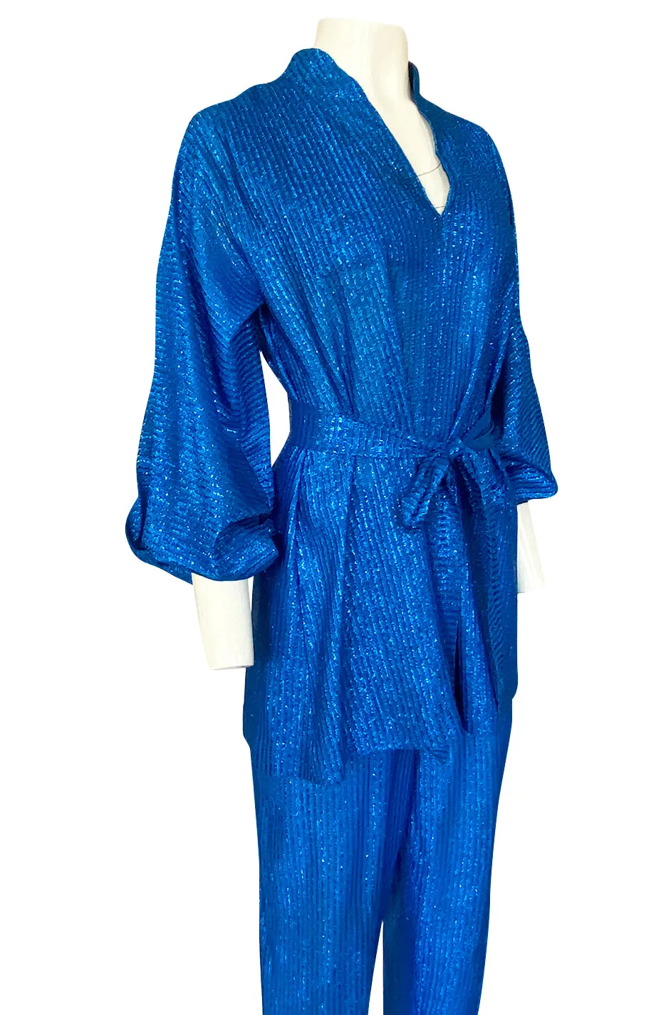 1970s Halston Bright Electric Blue Metallic Lame Lurex Top & Pant Set