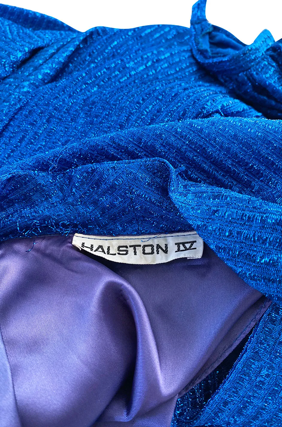 1970s Halston Bright Electric Blue Metallic Lame Lurex Top & Pant Set