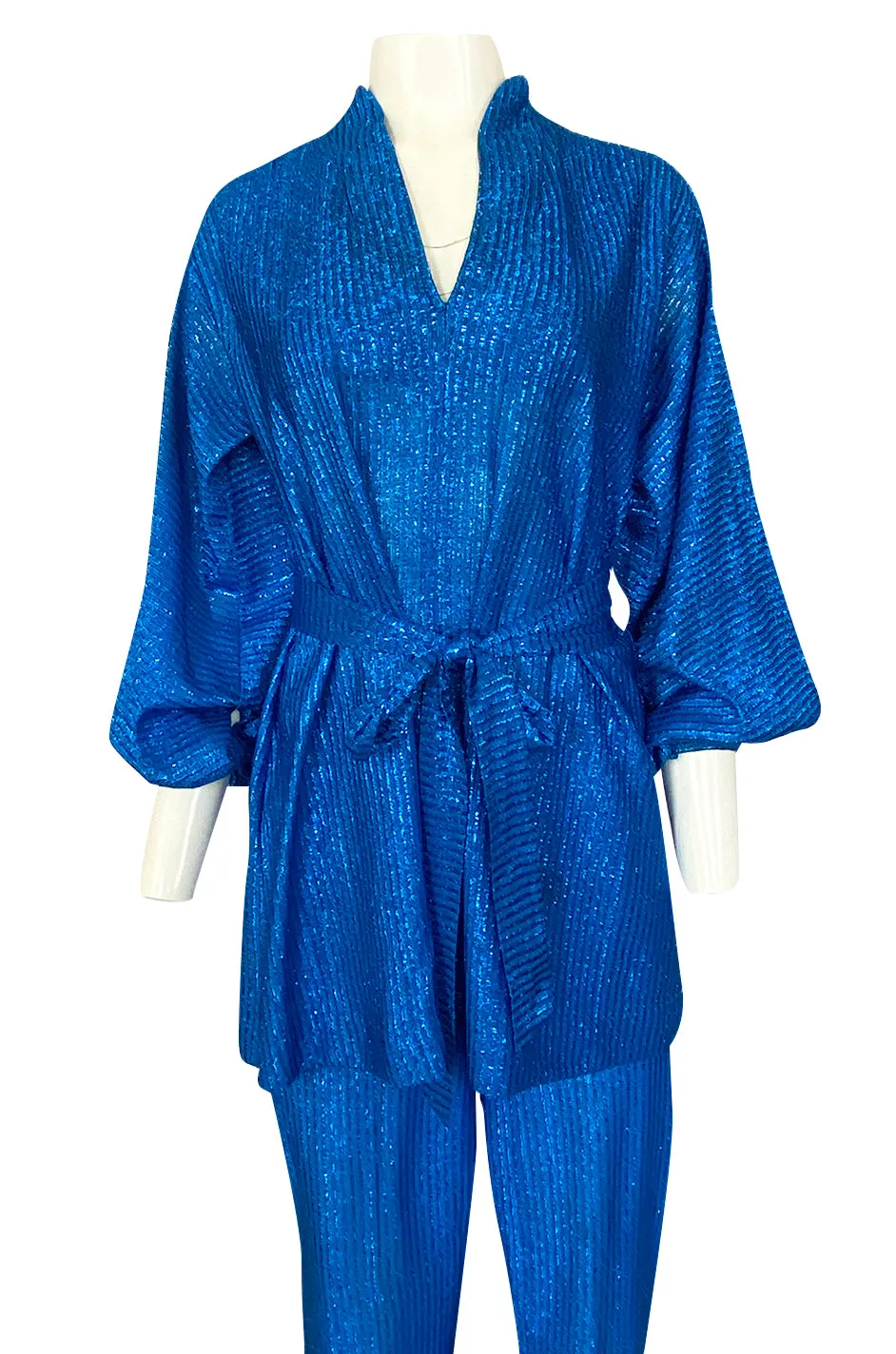 1970s Halston Bright Electric Blue Metallic Lame Lurex Top & Pant Set