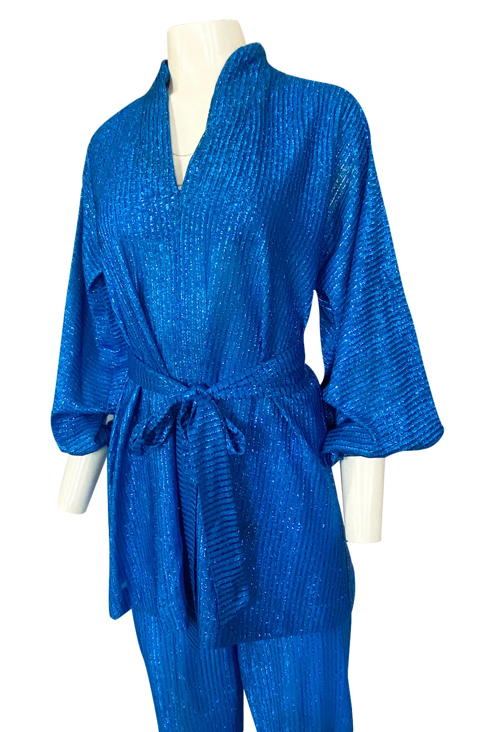 1970s Halston Bright Electric Blue Metallic Lame Lurex Top & Pant Set