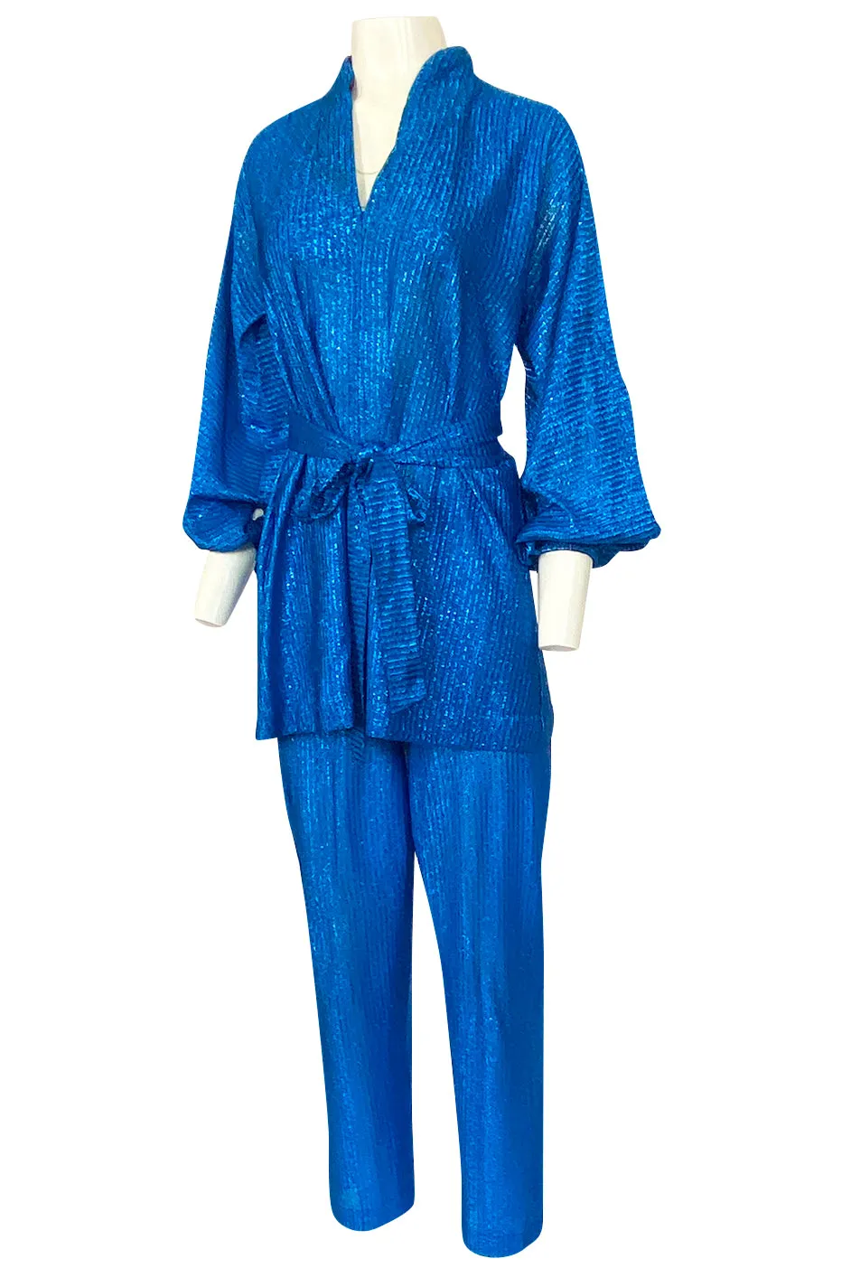 1970s Halston Bright Electric Blue Metallic Lame Lurex Top & Pant Set