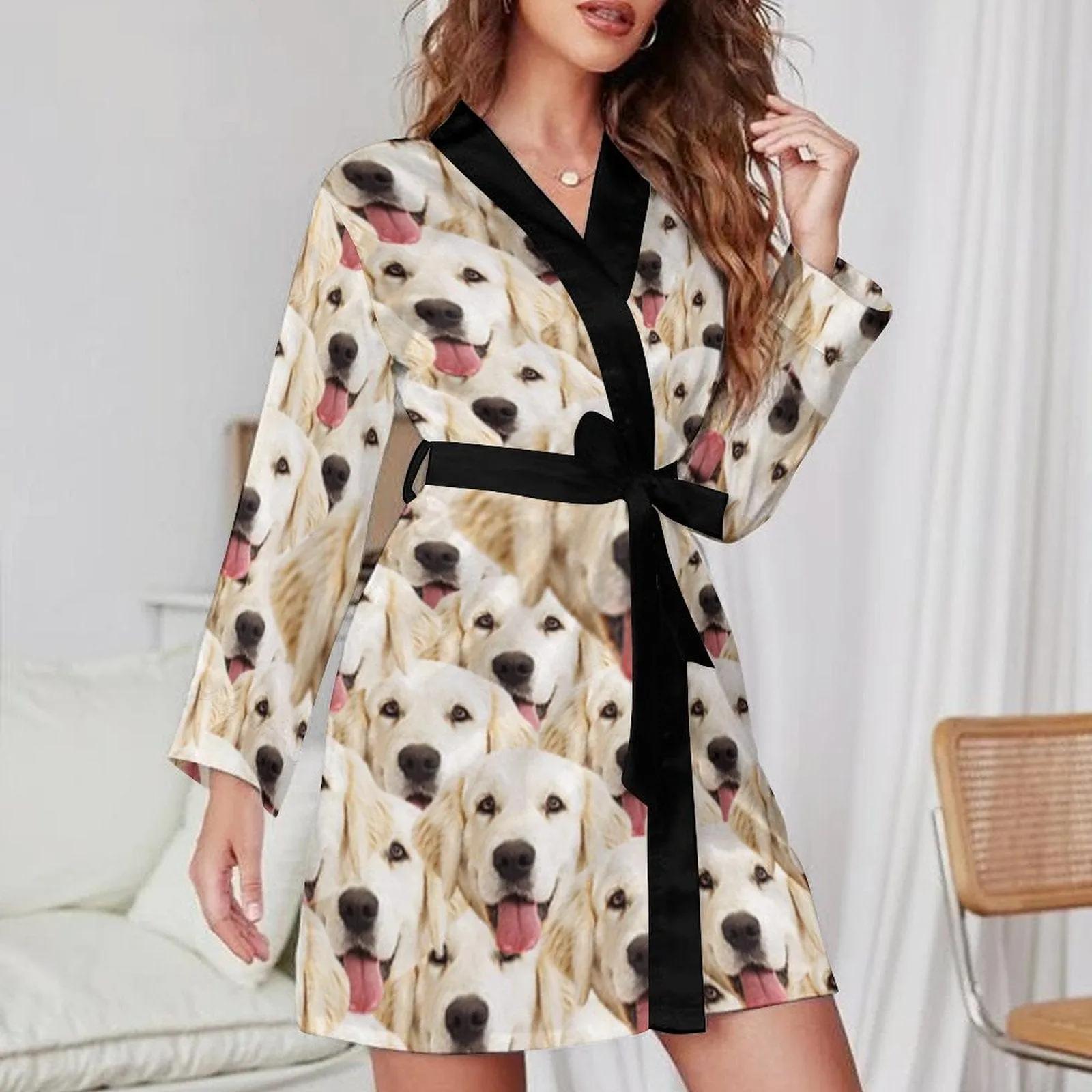 2 Pcs Face Print Pajamas-Custom Face Pet Dog Seamless Sleepwear Personalized Women's Bath Robe &Women's Nightgown