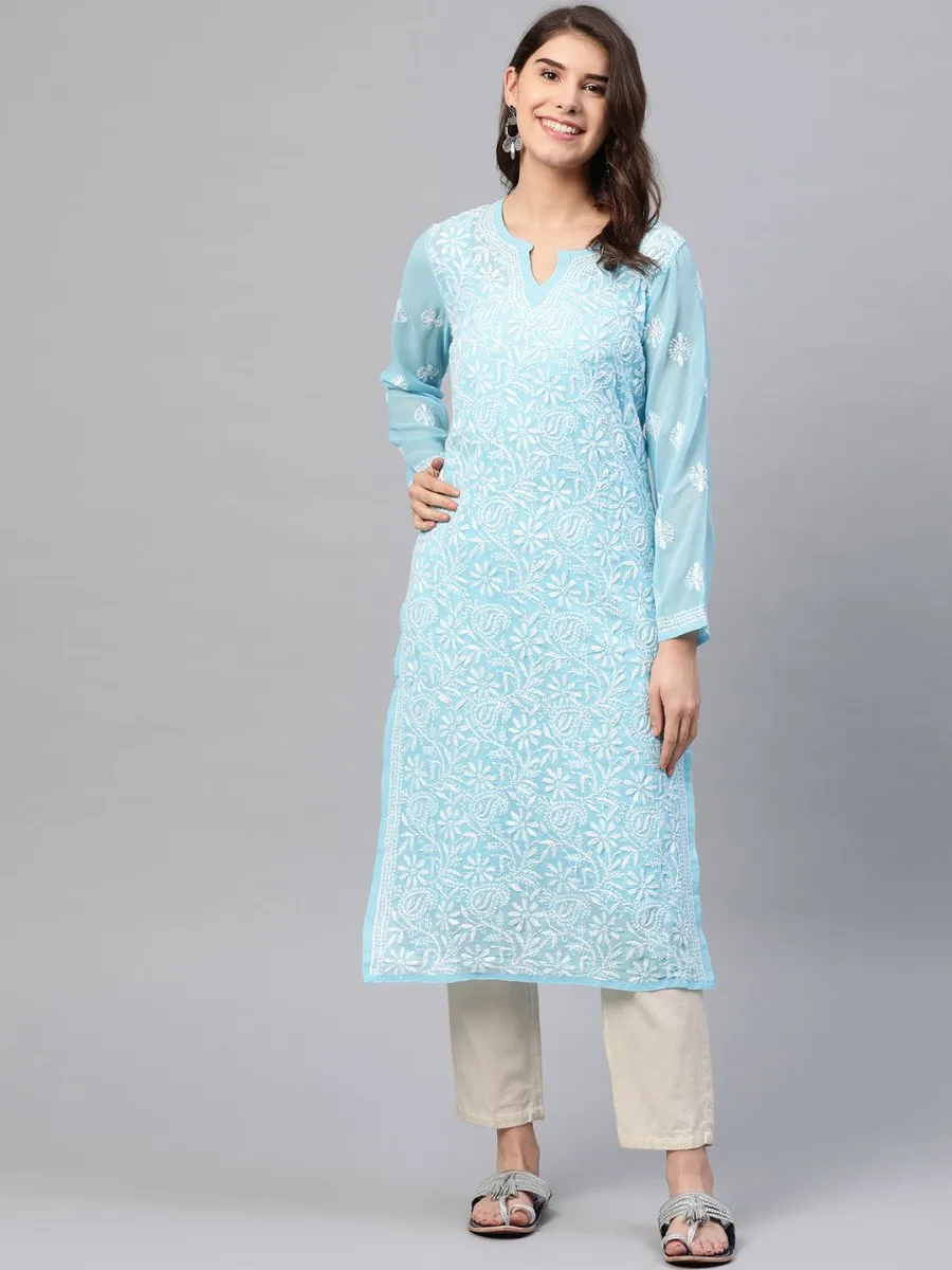 ADA Women Blue & White Chikankari Embroidered Straight Sustainable Handloom Kurta with Inner