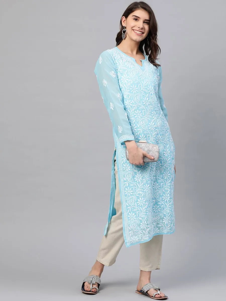 ADA Women Blue & White Chikankari Embroidered Straight Sustainable Handloom Kurta with Inner