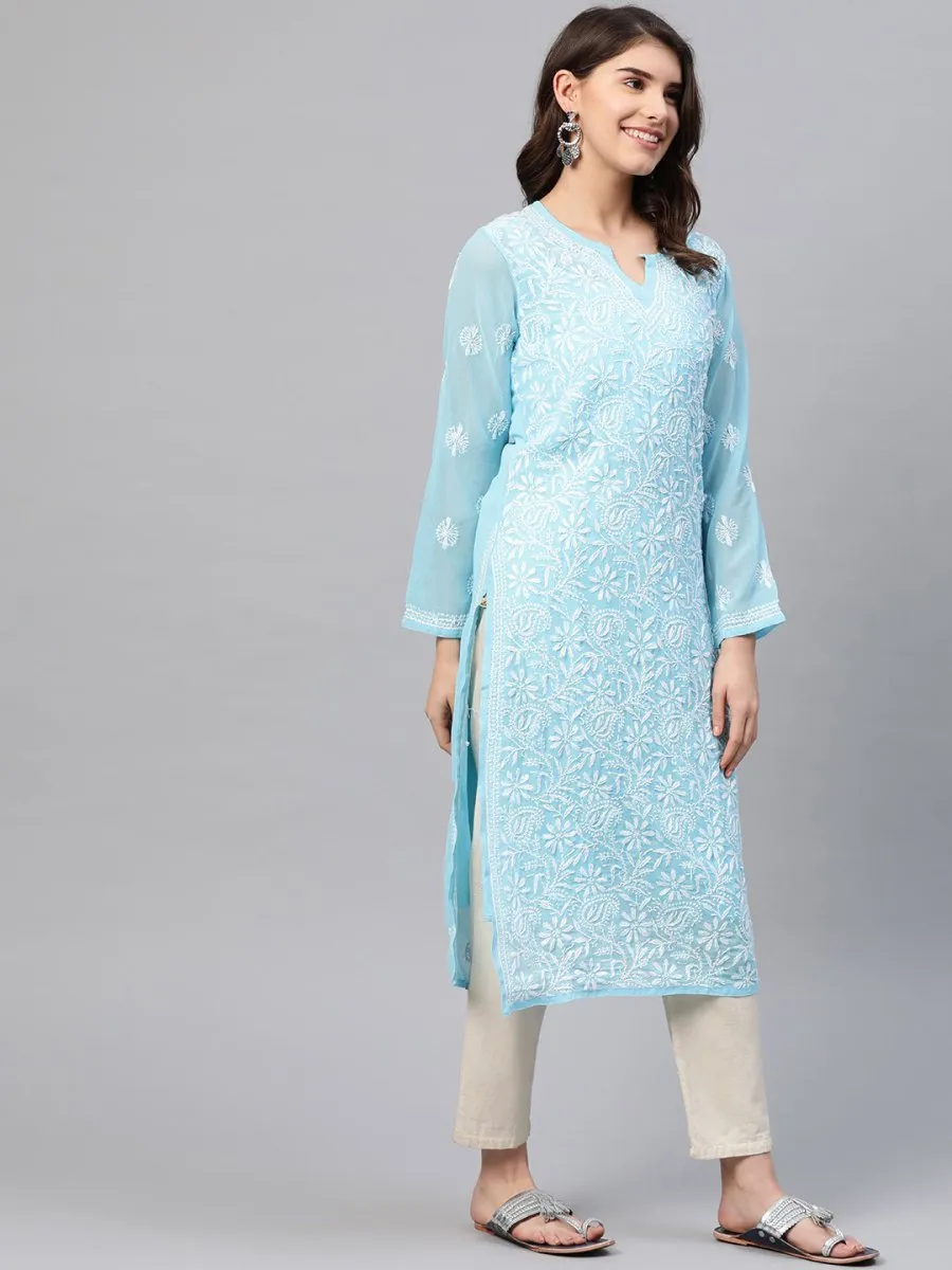 ADA Women Blue & White Chikankari Embroidered Straight Sustainable Handloom Kurta with Inner