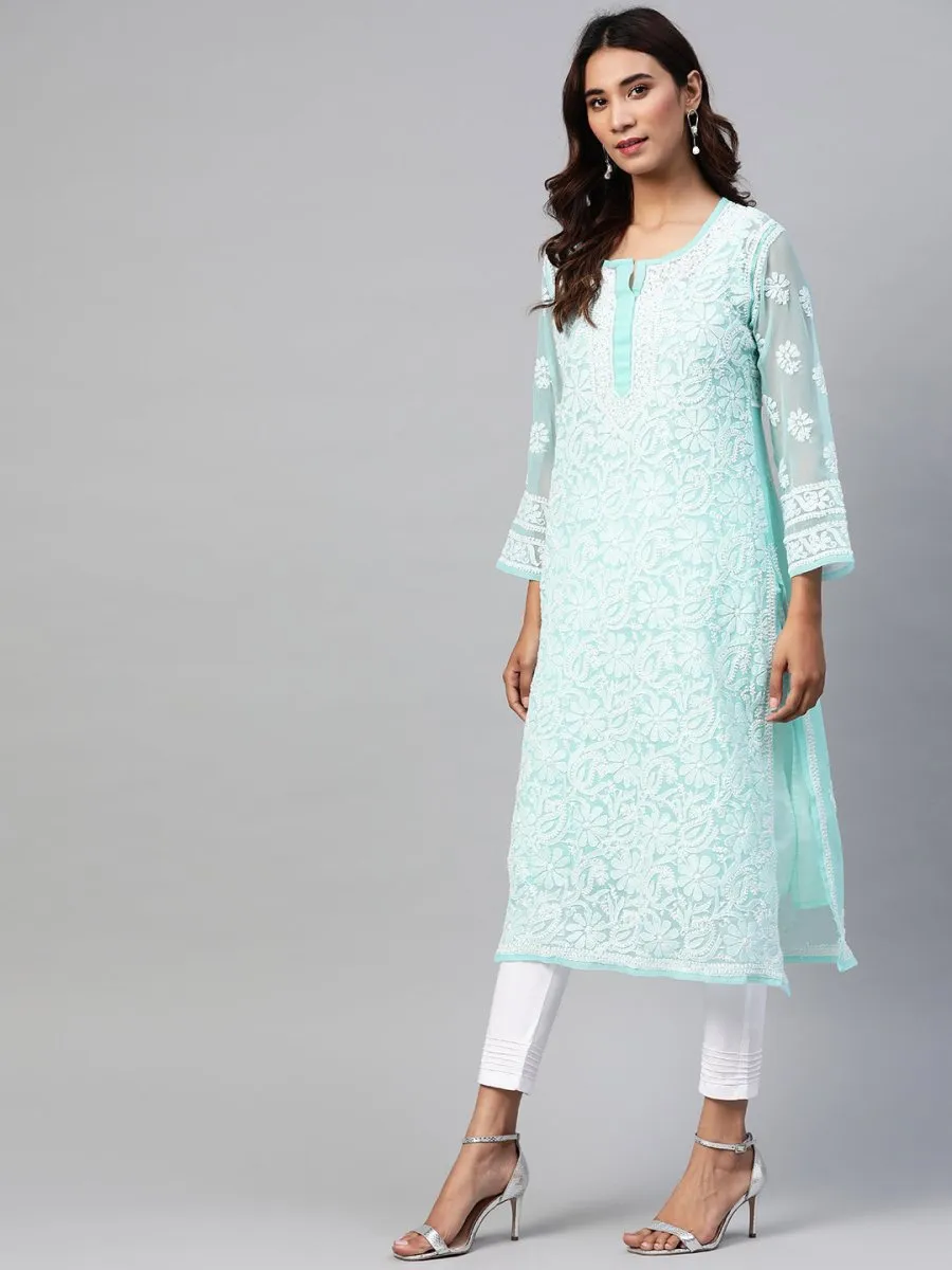 ADA Women Turquoise Blue & White Chikankari Embroidered Sustainable Handloom Kurta with Trousers & Inner