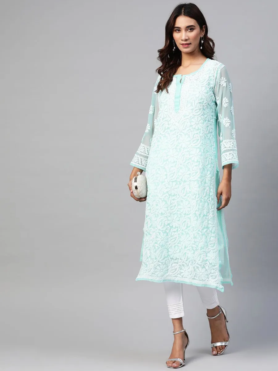 ADA Women Turquoise Blue & White Chikankari Embroidered Sustainable Handloom Kurta with Trousers & Inner