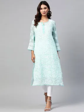 ADA Women Turquoise Blue & White Chikankari Embroidered Sustainable Handloom Kurta with Trousers & Inner