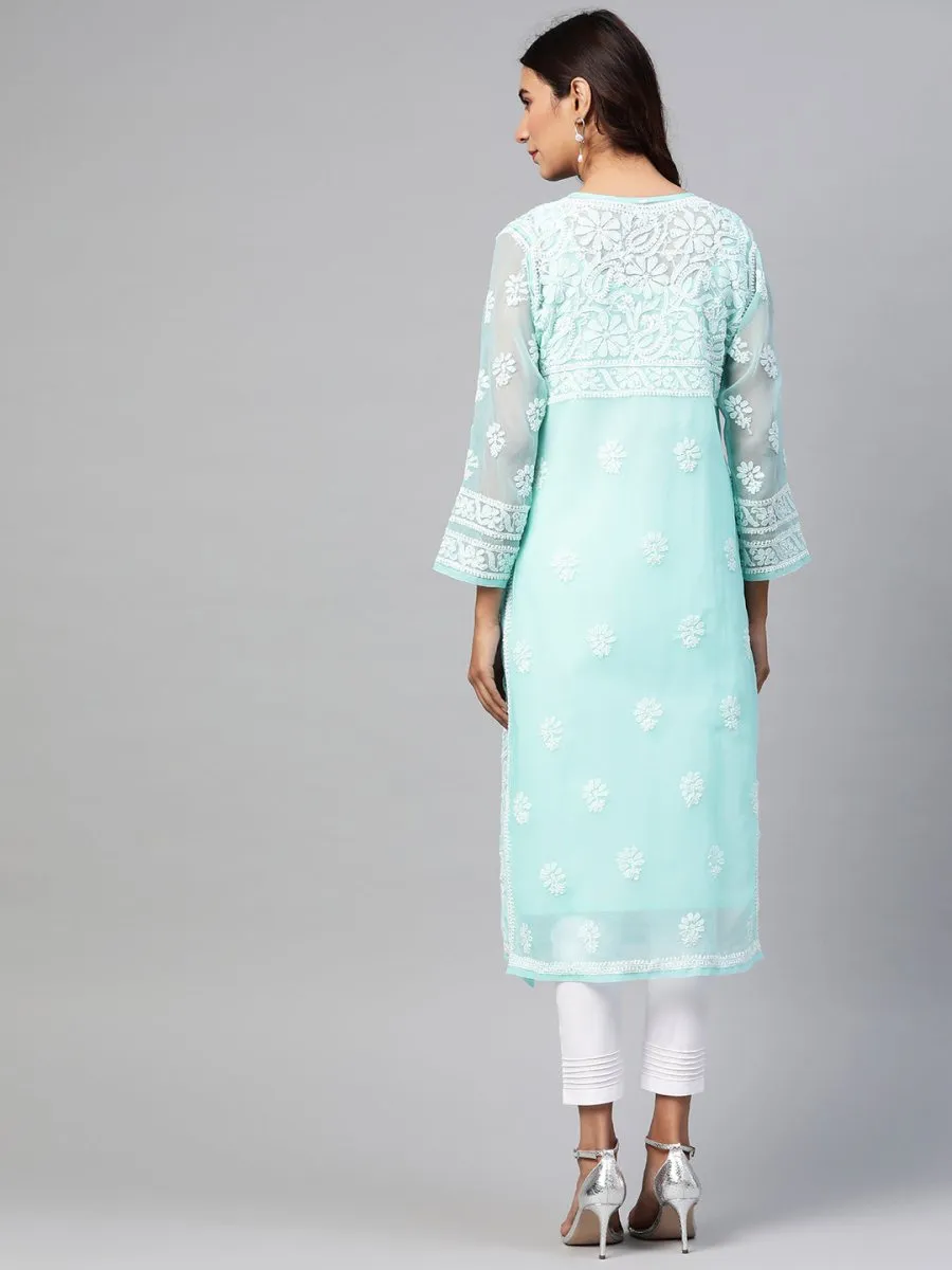 ADA Women Turquoise Blue & White Chikankari Embroidered Sustainable Handloom Kurta with Trousers & Inner