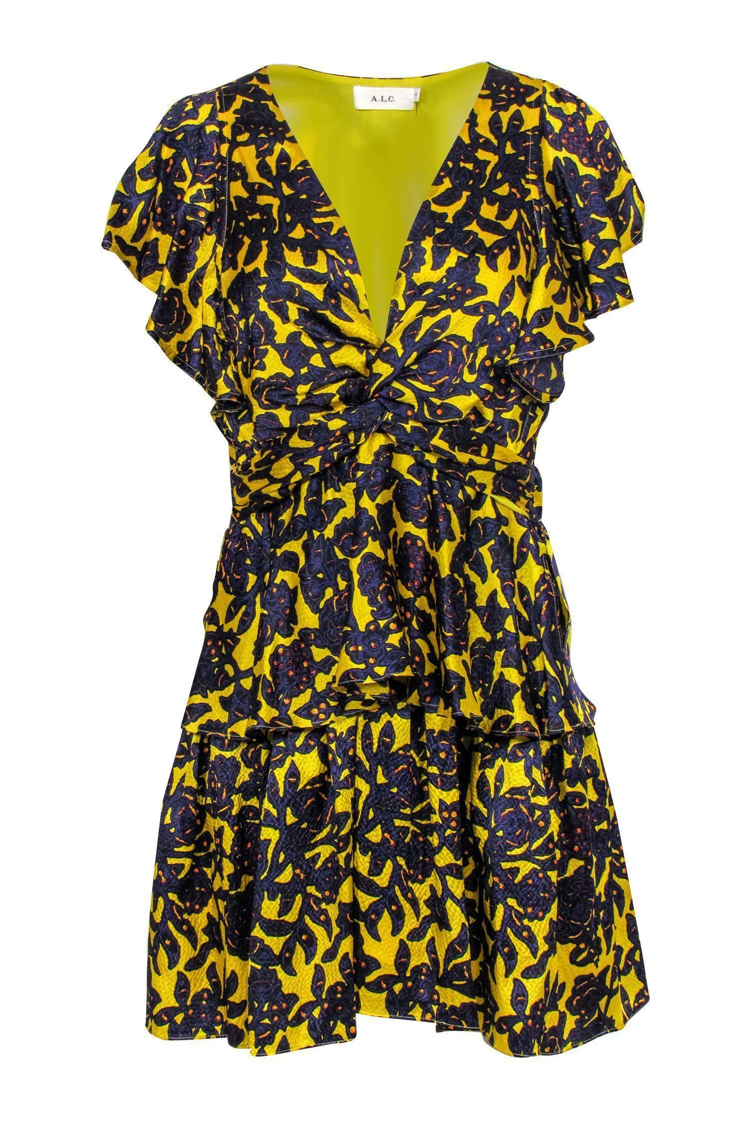 A.L.C. - Yellow & Purple Floral Silk Ruffle Dress Sz 8