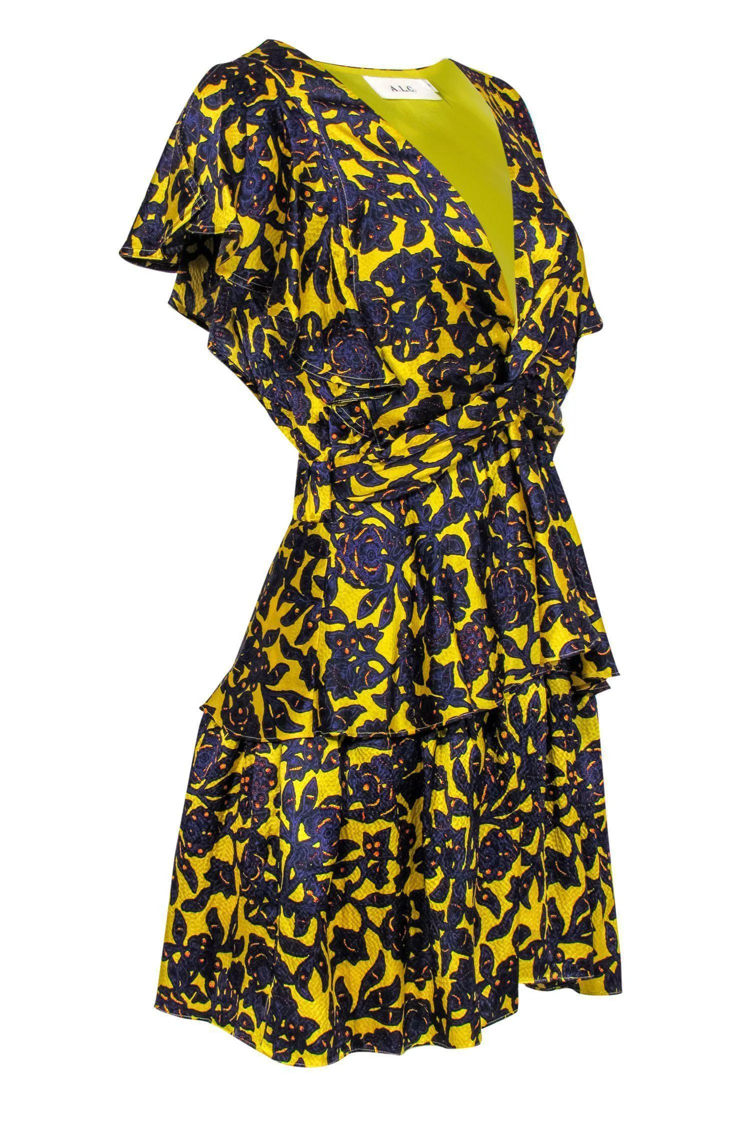 A.L.C. - Yellow & Purple Floral Silk Ruffle Dress Sz 8