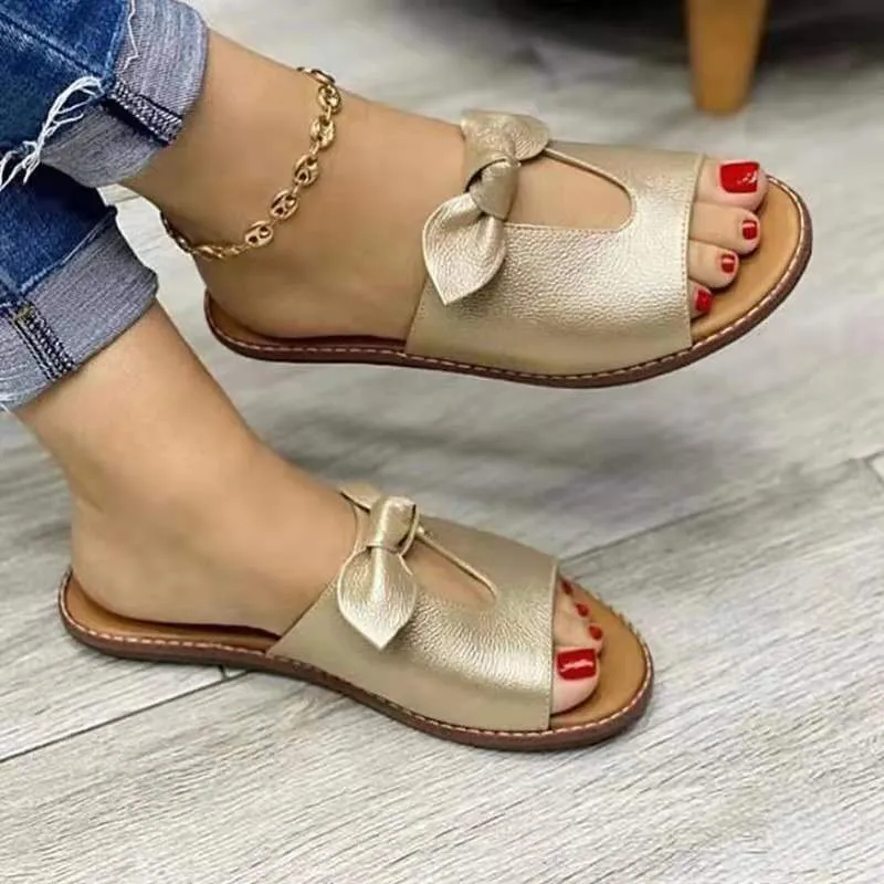 Amozae New Summer New Women Leisure Fashion Bow Flat Sandals Sandals Comfortable Soft Bottom Women's Breathable Beach Sandals