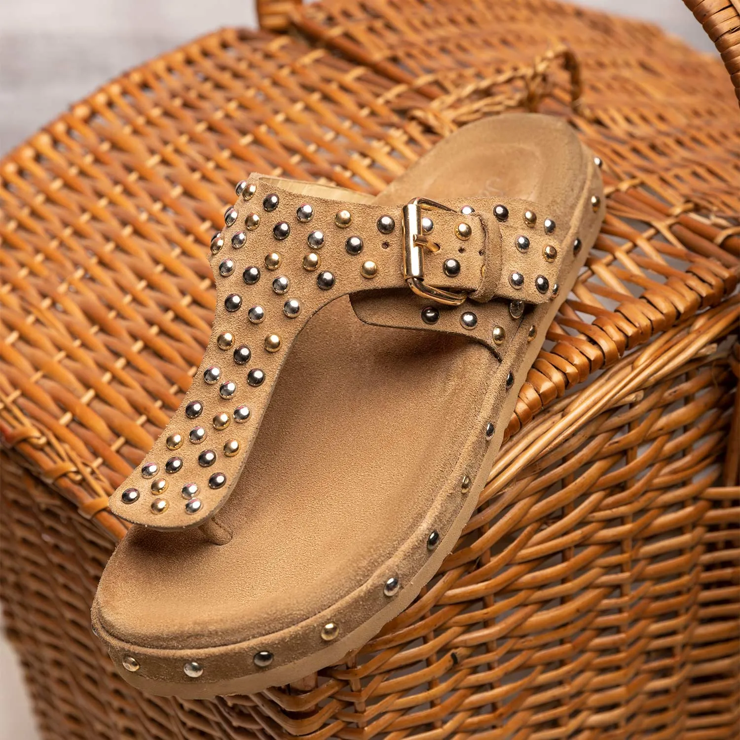 Boston Studded Buckle Taupe Leather Sandal