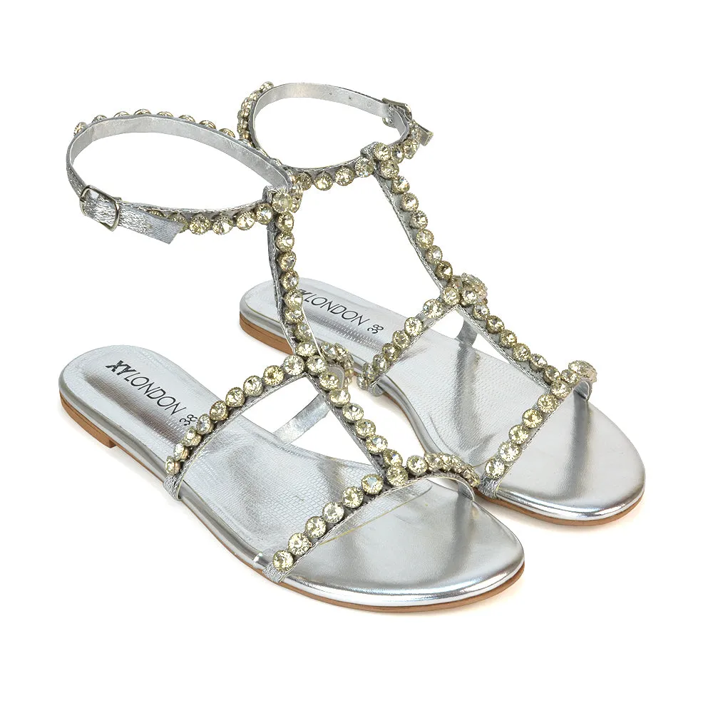 Cher Flat Ankle Strap Holiday Rhinestone Summer Diamante Sandals in Silver