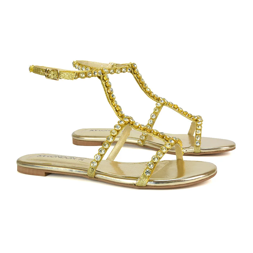 Cher Flat Ankle Strap Holiday Rhinestone Summer Diamante Sandals in Silver