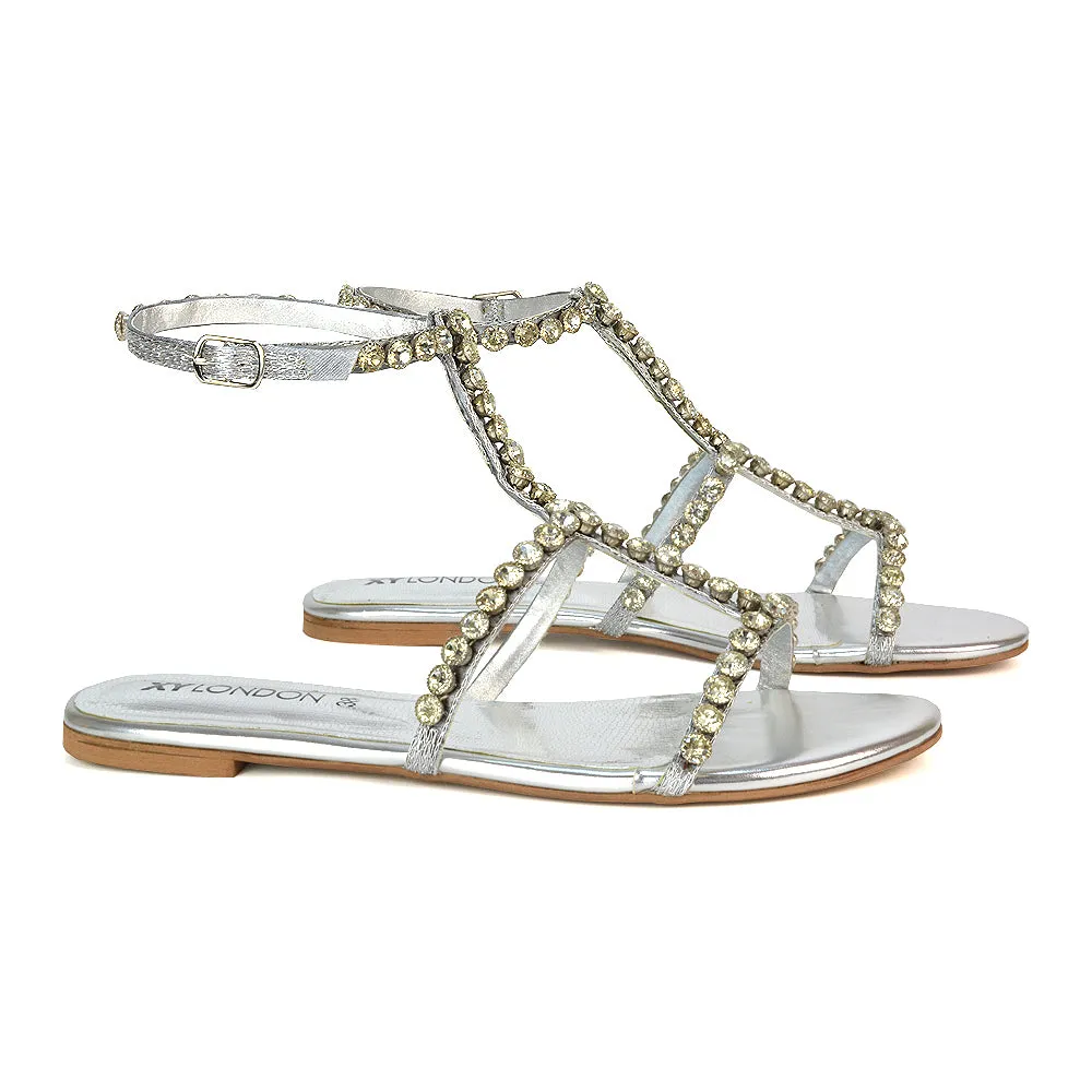 Cher Flat Ankle Strap Holiday Rhinestone Summer Diamante Sandals in Silver