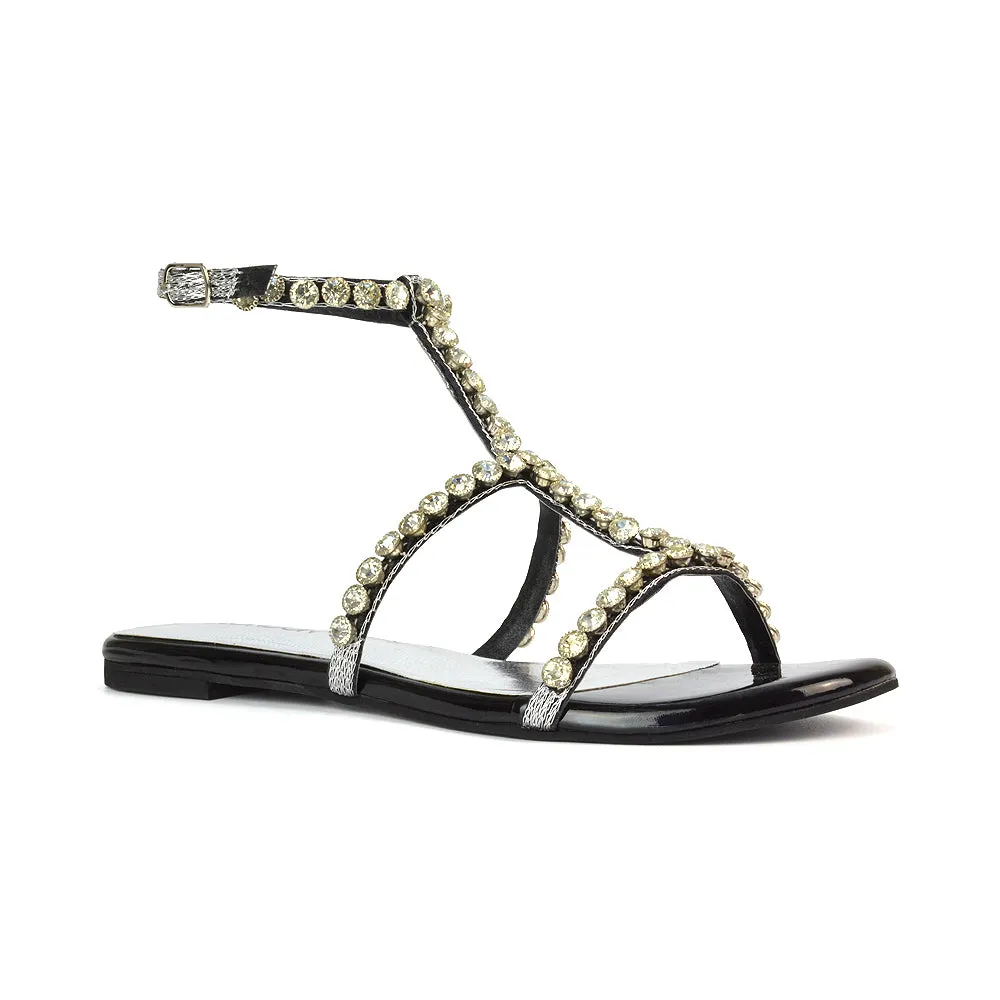 Cher Flat Ankle Strap Holiday Rhinestone Summer Diamante Sandals in Silver