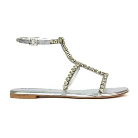 Cher Flat Ankle Strap Holiday Rhinestone Summer Diamante Sandals in Silver