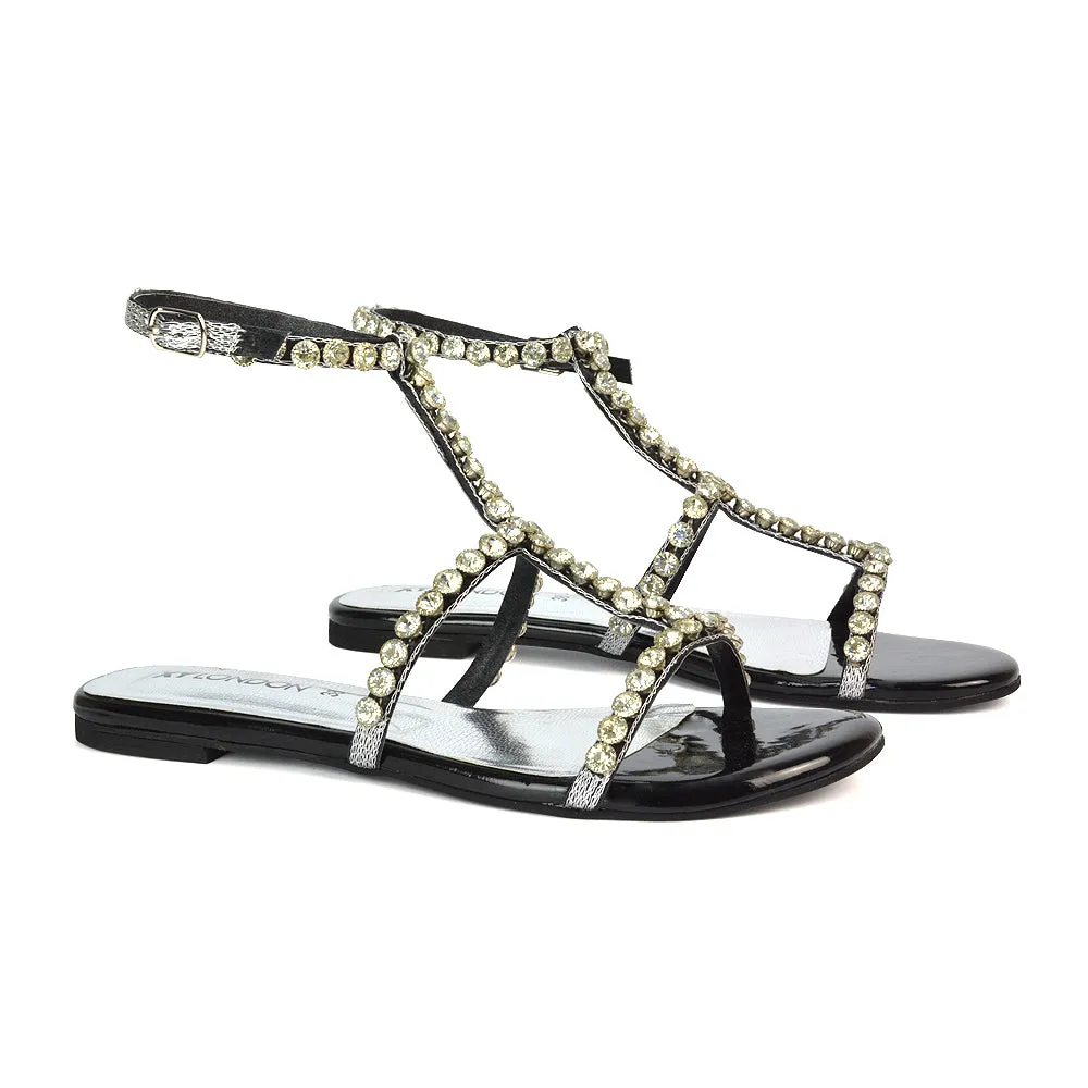 Cher Flat Ankle Strap Holiday Rhinestone Summer Diamante Sandals in Silver