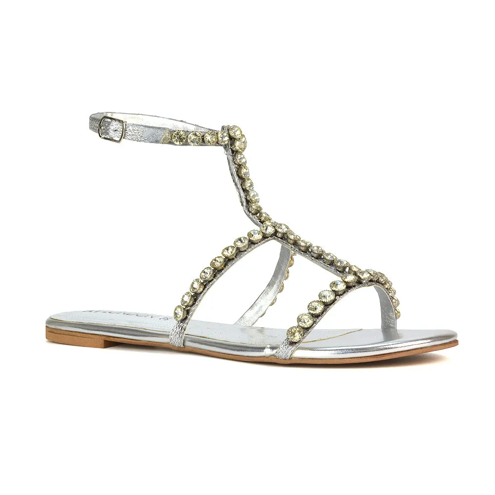 Cher Flat Ankle Strap Holiday Rhinestone Summer Diamante Sandals in Silver