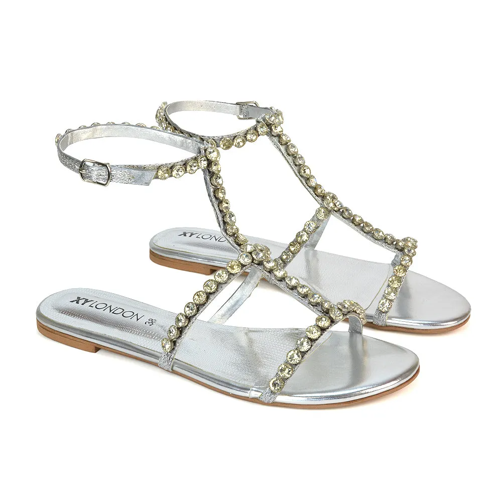 Cher Flat Ankle Strap Holiday Rhinestone Summer Diamante Sandals in Silver