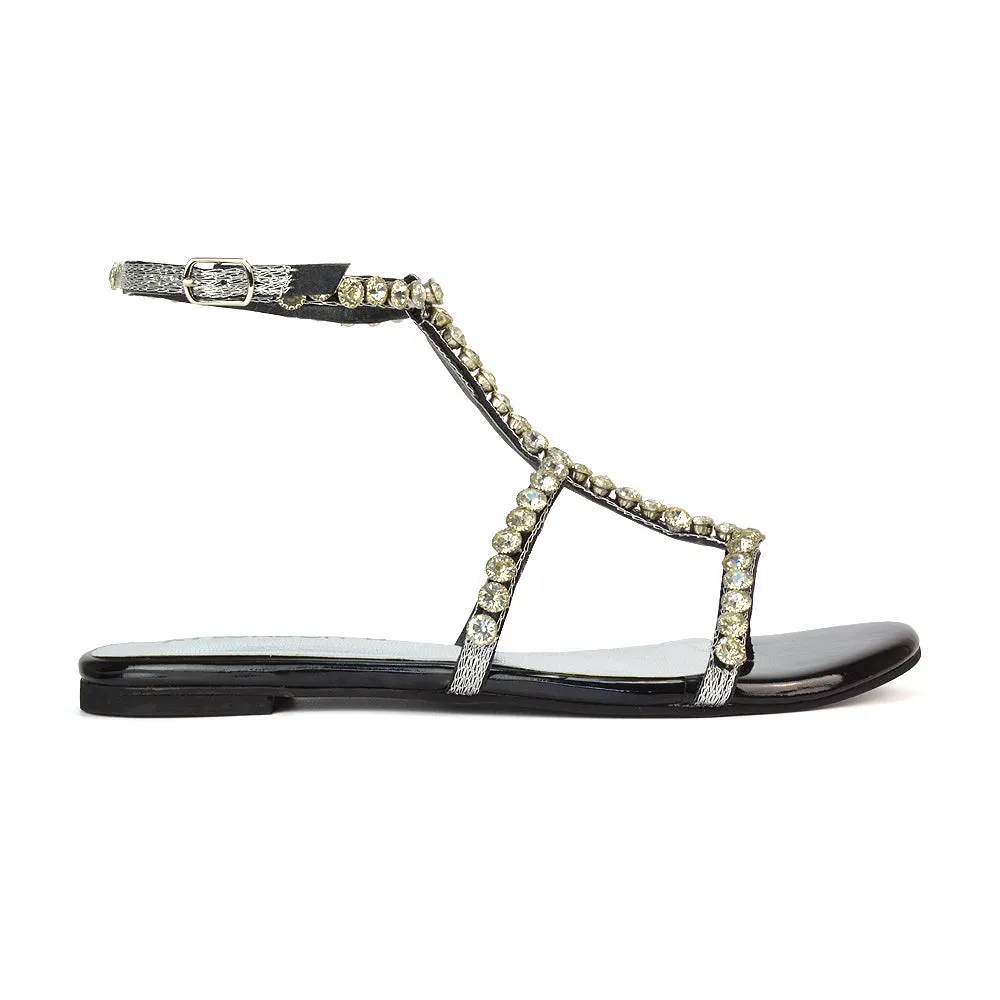 Cher Flat Ankle Strap Holiday Rhinestone Summer Diamante Sandals in Silver