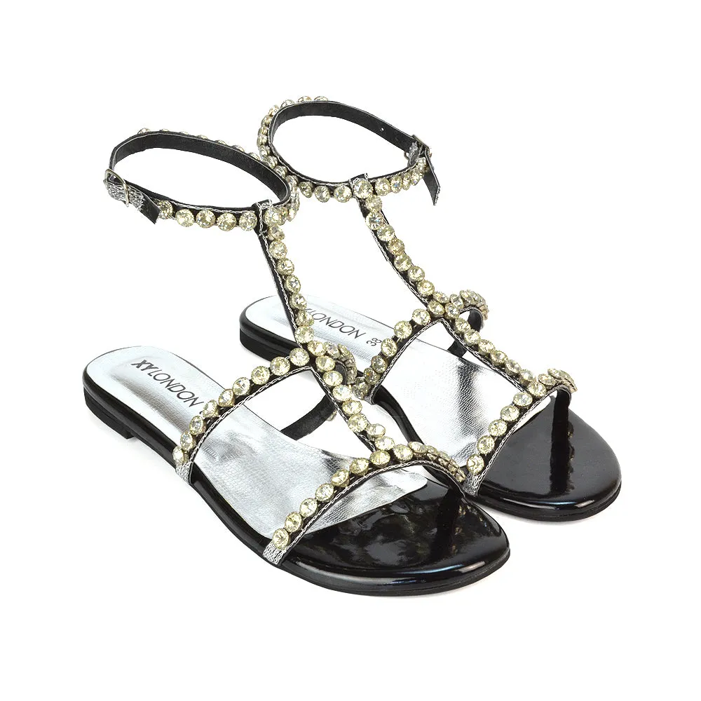 Cher Flat Ankle Strap Holiday Rhinestone Summer Diamante Sandals in Silver