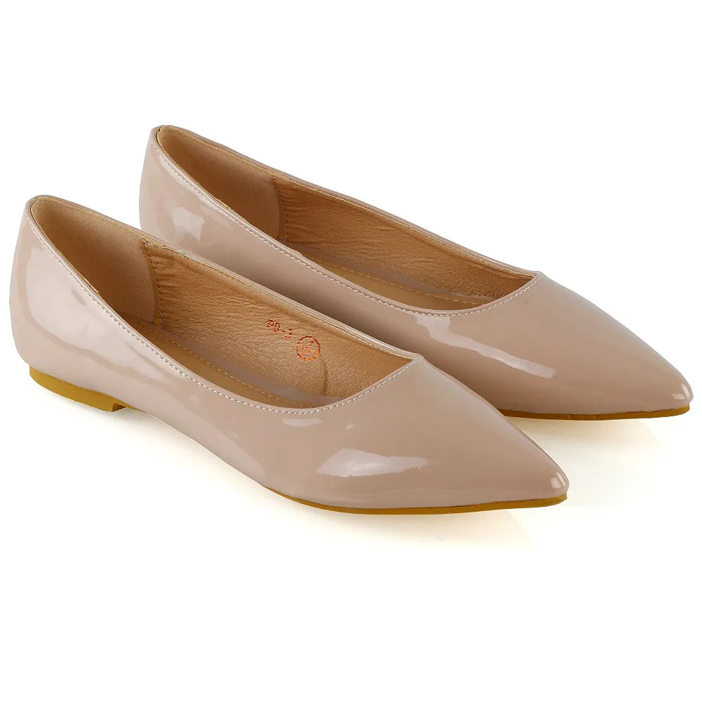 Cordelia Slip on Pointed Toe Flat Ballerina Pump Shoes In Nude Patent