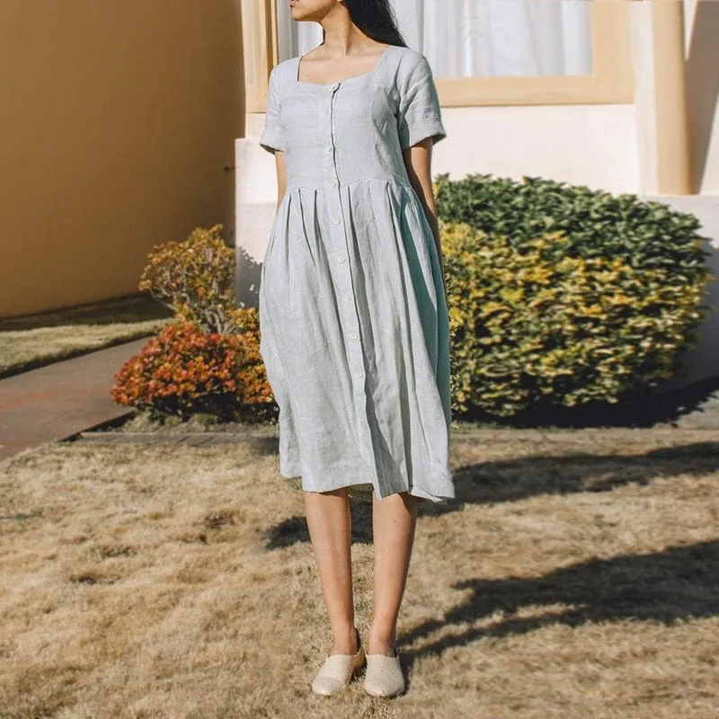 Cotton Linen Pleated T-Shirt Dress