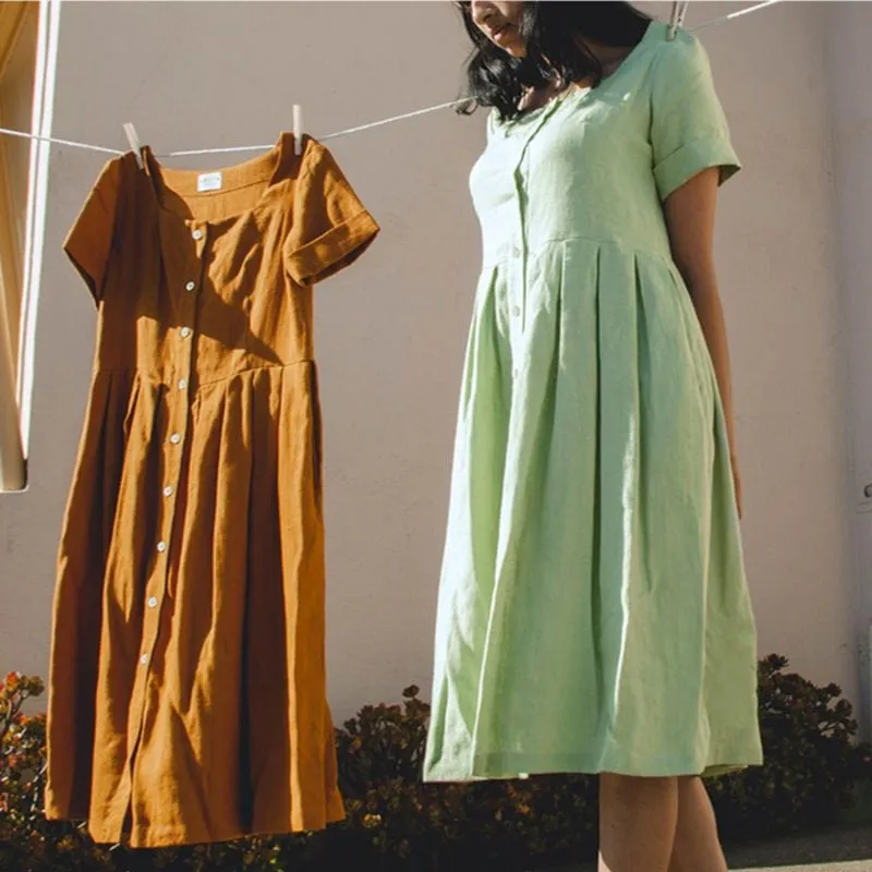 Cotton Linen Pleated T-Shirt Dress