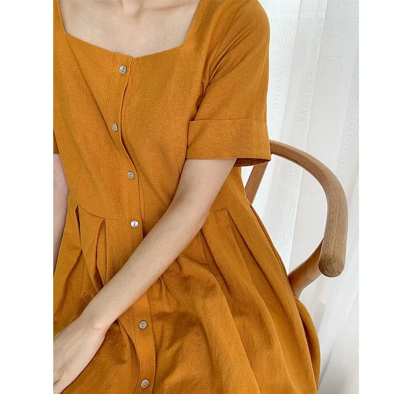 Cotton Linen Pleated T-Shirt Dress