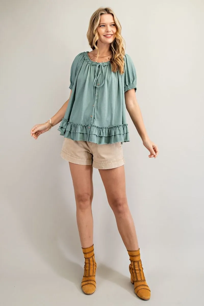 Cotton slub button-down top with double ruffle front