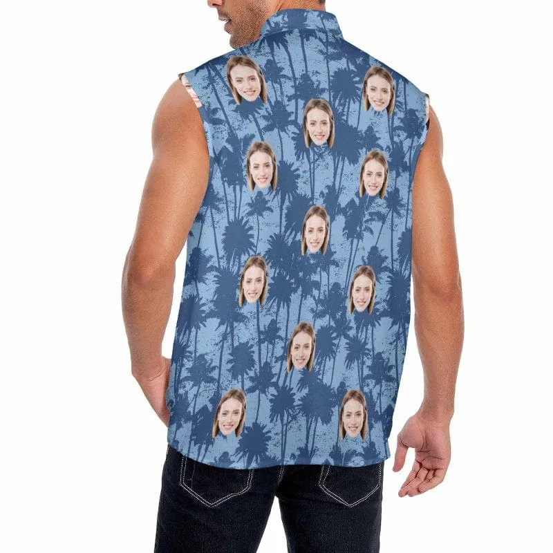 Custom Face Blue Coconut Mens Sleeveless Button Down Shirts Summer Beach Basic Hawaiian Shirts Clothing