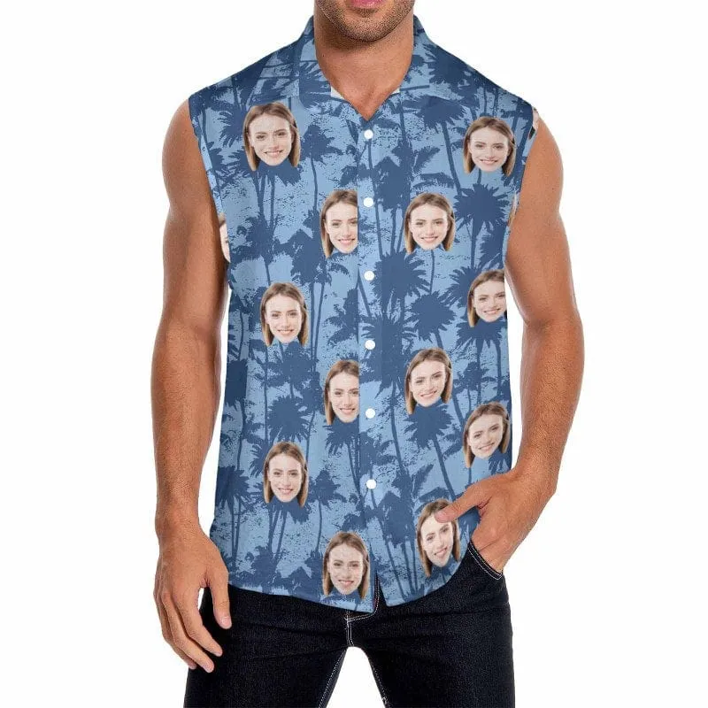 Custom Face Blue Coconut Mens Sleeveless Button Down Shirts Summer Beach Basic Hawaiian Shirts Clothing