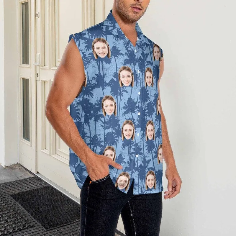 Custom Face Blue Coconut Mens Sleeveless Button Down Shirts Summer Beach Basic Hawaiian Shirts Clothing