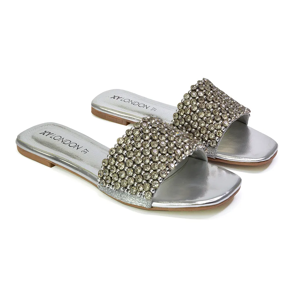 Daisy-Jones Slip On Slider Diamante Flat Sandals With Square Toe in Black