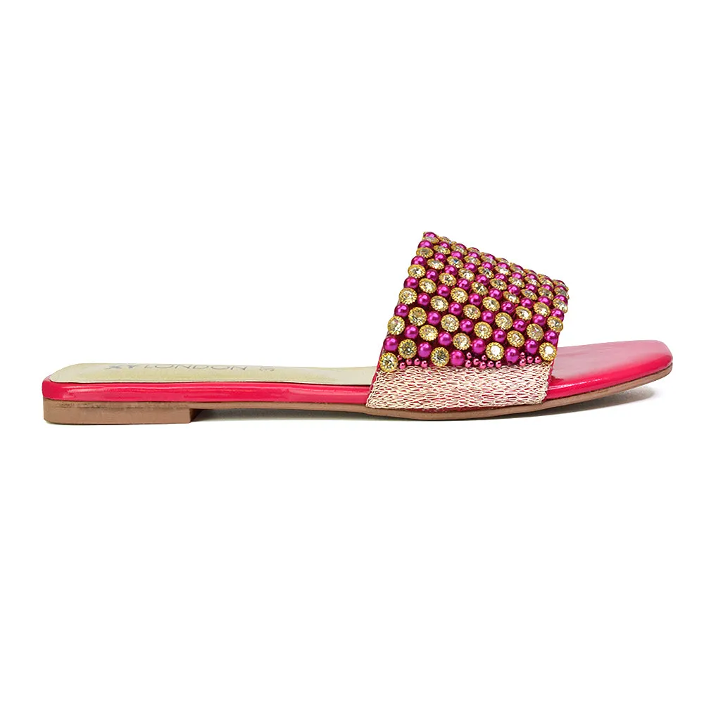 Daisy-Jones Slip On Slider Diamante Flat Sandals With Square Toe in Black