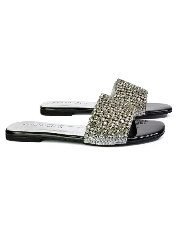 Daisy-Jones Slip On Slider Diamante Flat Sandals With Square Toe in Black