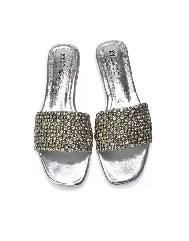 Daisy-Jones Slip On Slider Diamante Flat Sandals With Square Toe in Black