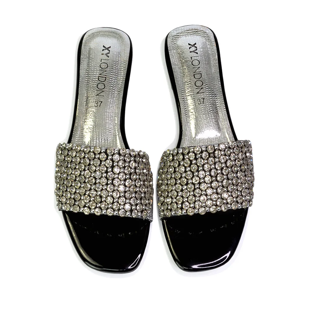 Daisy-Jones Slip On Slider Diamante Flat Sandals With Square Toe in Black