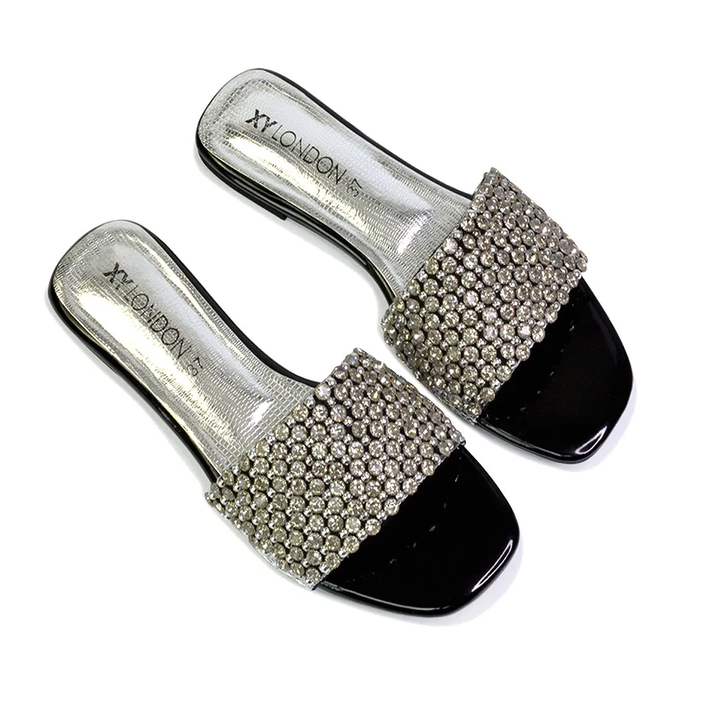 Daisy-Jones Slip On Slider Diamante Flat Sandals With Square Toe in Black