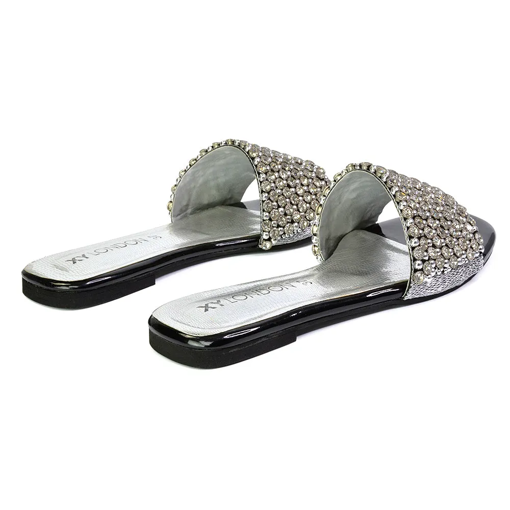 Daisy-Jones Slip On Slider Diamante Flat Sandals With Square Toe in Black