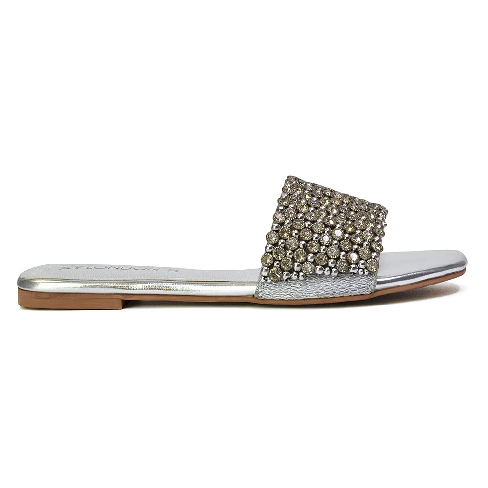 Daisy-Jones Slip On Slider Diamante Flat Sandals With Square Toe in Black