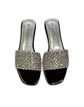 Daisy-Jones Slip On Slider Diamante Flat Sandals With Square Toe in Black