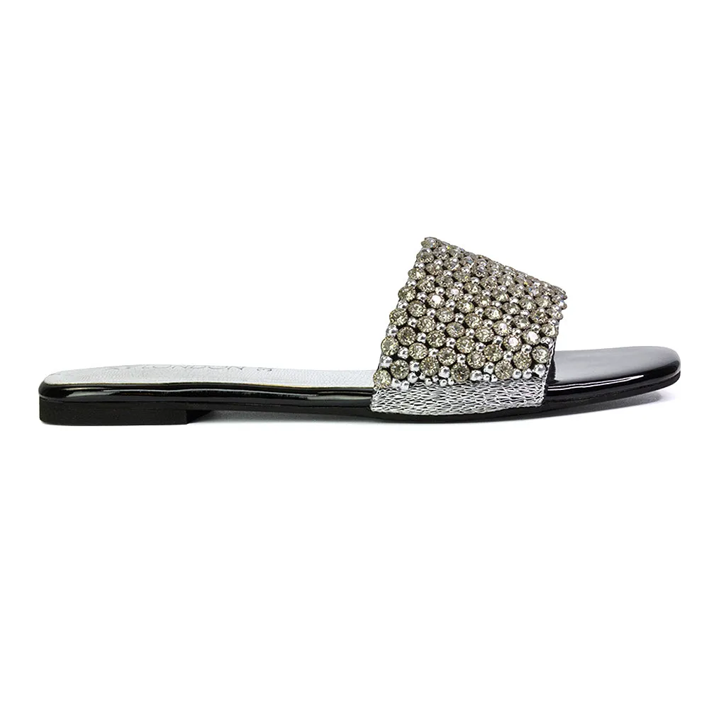 Daisy-Jones Slip On Slider Diamante Flat Sandals With Square Toe in Black