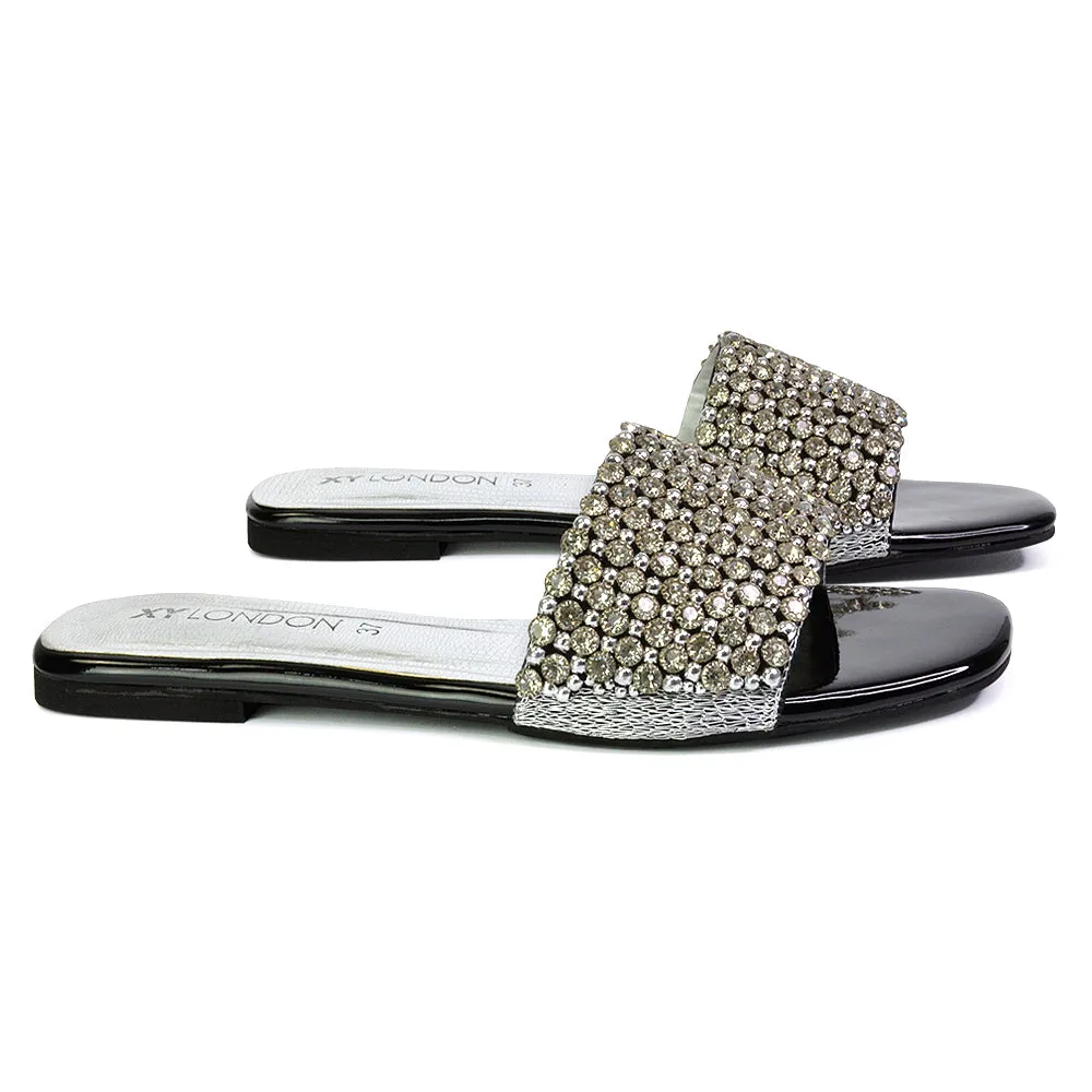 Daisy-Jones Slip On Slider Diamante Flat Sandals With Square Toe in Black