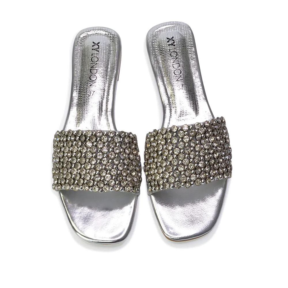 Daisy-Jones Slip On Slider Diamante Flat Sandals With Square Toe in Black