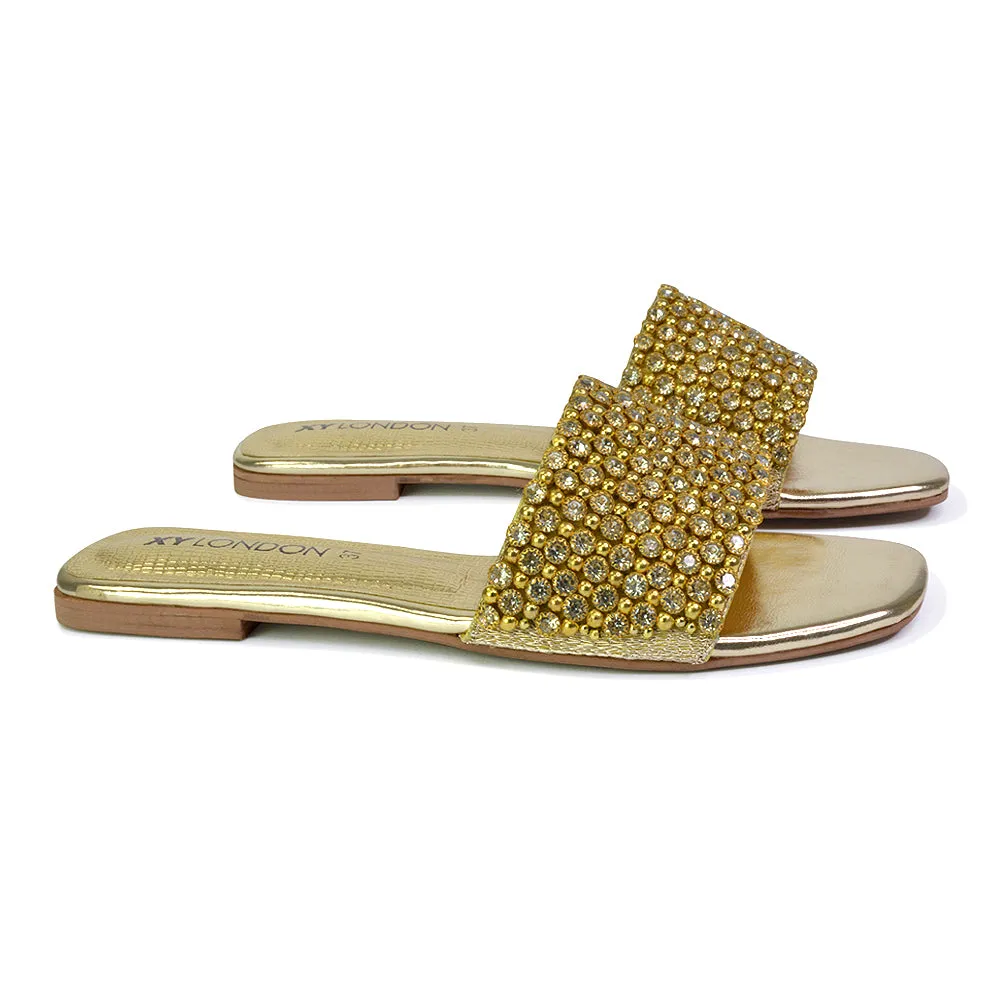 Daisy-Jones Slip On Slider Diamante Flat Sandals With Square Toe in Black